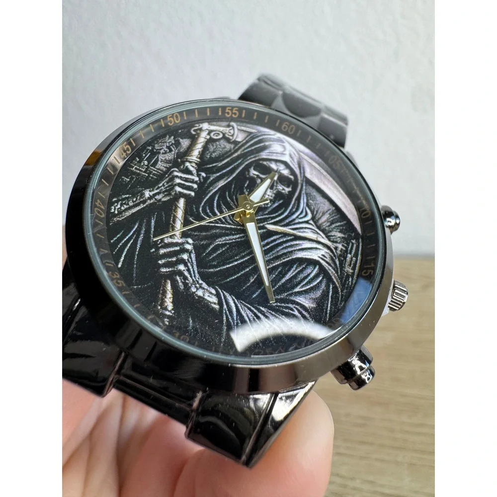 Grim Reaper Gothic Black Metal Link Bracelet Watch Analog Quartz
